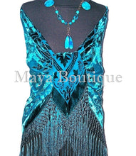 Teal Turquoise Piano Shawl Scarf Fringe Wrap Silk Burnout Velvet Maya Matazaro