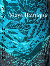 Teal Turquoise Piano Shawl Scarf Fringe Wrap Silk Burnout Velvet Maya Matazaro