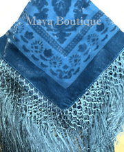 Teal Turquoise Piano Shawl Scarf Fringe Wrap Silk Burnout Velvet Maya Matazaro