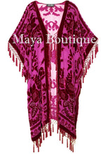 Maya Matazaro Fuchsia Beaded Silk Burnout Velvet Kimono Opera Coat Fringe Jacket
