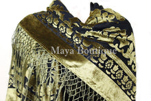 Antique Gold & Black Burnout Velvet Piano Shawl Square Fringed Maya Matazaro