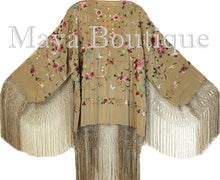 Maya Matazaro Embroidered Silk Fringe Jacket Kimono Coat Wheat Multi Short