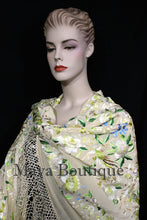 Flamenco Embroidered Silk Piano Shawl Wrap Pastels Flower Birds Greens 90" Maya