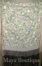 Flamenco Embroidered Silk Piano Shawl Wrap Pastels Flower Birds Greens 90" Maya