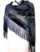 Black Shawl Wrap Scarf Silk Burnout Velvet Triangle With Fringes Maya Matazaro