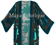 Teal Long Kimono Jacket Silk Burnout Velvet No Fringe Maya Matazaro