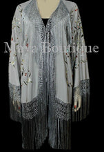 Maya Matazaro Embroidered Silk Fringe Jacket Kimono Silver Gray Birds & Flower