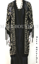 Maya Matazaro Beige & Black Silk Burnout Velvet Fringes Jacket Kimono Long Coat