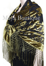Antique Gold & Black Burnout Velvet Piano Shawl Square Fringed Maya Matazaro