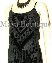 Black Dress Gown Fringe Flapper Style Beaded Burnout Silk Velvet Maya XL