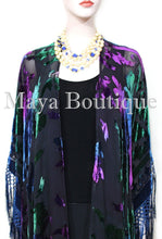 Maya Matazaro Tye Dye Navy Blue Multi Fringe Kimono Burrnout Velvet Jacket Coat