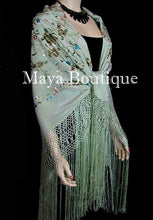 Maya Matazaro Flamenco Embroidered Silk Piano Shawl Wrap Sage Green 84"