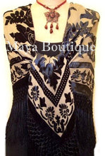 Silk Piano Shawl Wrap Scarf Burnout Velvet Beige & Black Maya Matazaro