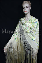 Flamenco Embroidered Silk Piano Shawl Wrap Pastels Flower Birds Greens 90" Maya