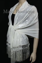 Ivory Embroidered Silk Wrap Shawl Scarf Oblong with Fringes Maya Matazaro