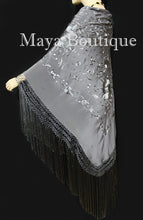 Flamenco Embroidered Silk Piano Shawl Wrap Dusk Gray Floral 84" Maya Matazaro