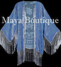 Maya Matazaro Serenity Blue Kimono Silk Burnout Velvet Fringe Jacket Short