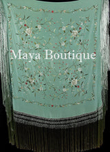 Flamenco Embroidered Silk Piano Shawl Wrap Tiffany Green Hand Dyed Maya Matazaro