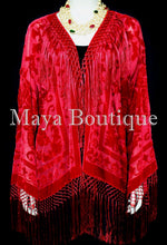 True Red Kimono Fringe Jacket SILK Burnout Velvet Short Maya Matazaro Plus Size