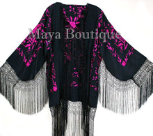 Maya Matazaro Embroidered Silk Fringe Jacket Kimono Black & Fuchsia Short