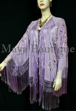 Maya Matazaro Embroidered Silk Fringe Jacket Kimono Lilac Multi Birds Flower