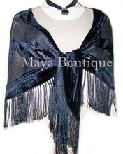 Black Shawl Wrap Scarf Silk Burnout Velvet Triangle With Fringes Maya Matazaro