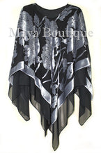 Maya Matazaro Layered Poncho Top Silk Burnout Velvet & Chiffon Silver Black USA
