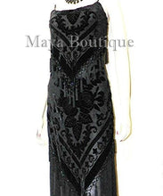 Black Dress Gown Fringe Flapper Style Beaded Burnout Silk Velvet Maya XL