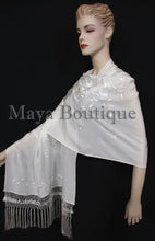 Ivory Embroidered Silk Wrap Shawl Scarf Oblong with Fringes Maya Matazaro