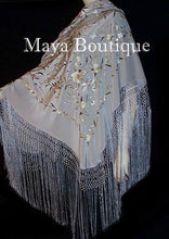 Flamenco Embroidered Silk Piano Shawl Wrap Silver Multi Flower & Birds 84" Maya