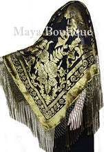 Antique Gold & Black Burnout Velvet Piano Shawl Square Fringed Maya Matazaro