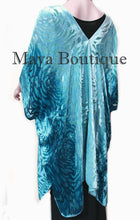 Teal Ombre Camellia Burnout Velvet Caftan Kimono Hand Dye Maya Matazaro