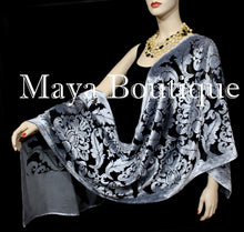 Maya Matazaro Baroque Shawl Wrap Scarf Burnout Velvet Silver Black