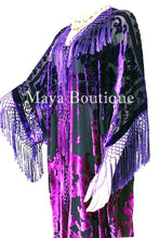 Violet Fuchsia Kimono Caftan Fringe Jacket Silk Burnout Velvet Hand Dyed Maya