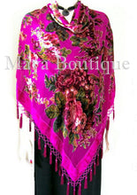 Piano Shawl Scarf Wrap Fuchsia Victorian Rose Silk Burnout Velvet Beaded Fringes
