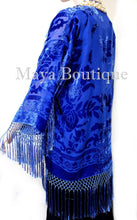 Maya Clothing Royal Blue Fringe Jacket Kimono Short Silk Burnout Velvet Hand Dye