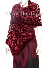 Maya Matazaro Shawl Wrap Scarf Burnout Velvet Art Nouveau Deep Red Fringed