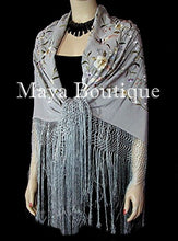 Flamenco Embroidered Silk Piano Shawl Wrap Silver Multi Flower & Birds 84" Maya