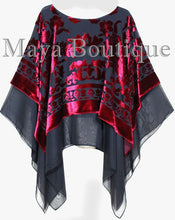 Maya Hand Dyed Layered Poncho Top Red Black Burnout Velvet & Chiffon Made In USA