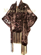Coco Brown Caftan Kimono Fringe Duster Burnout Velvet Art Nouveau Maya Matazaro