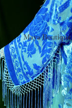 Sky Blue Silk Burnout Velvet Fringes Jacket Kimono Long Coat Maya Matazaro USA