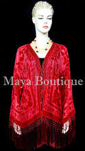 True Red Kimono Fringe Jacket SILK Burnout Velvet Short Maya Matazaro Plus Size
