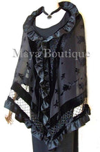 Black Shawl Scarf Wrap Silk Beaded Burnout Velvet Triangle Ruffles Maya Matazaro