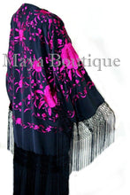 Maya Matazaro Embroidered Silk Fringe Jacket Kimono Black & Fuchsia Short