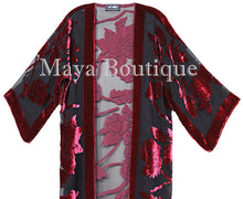 Red Long Kimono Jacket Silk Burnout Velvet No Fringe Maya Matazaro