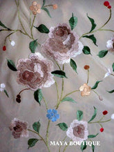 Maya Matazaro Flamenco Embroidered Silk Piano Shawl Wrap Fringed Scarf Beige 84"