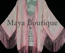Maya Matazaro Rose Quartz Silk Burnout Velvet Fringe Jacket Short Kimono US Made