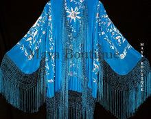 Flamenco Embroidered Silk Fringe Jacket Kimono Teal & Gray Short Maya Matazaro