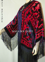 Burnout Velvet Silk Fringe Jacket Kimono Red & Navy Maya Matazaro NEW