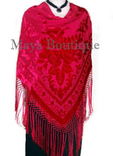 Scarlet Red Silk Burnout Velvet Piano Shawl Wrap Fringed Scarf Maya Matazaro